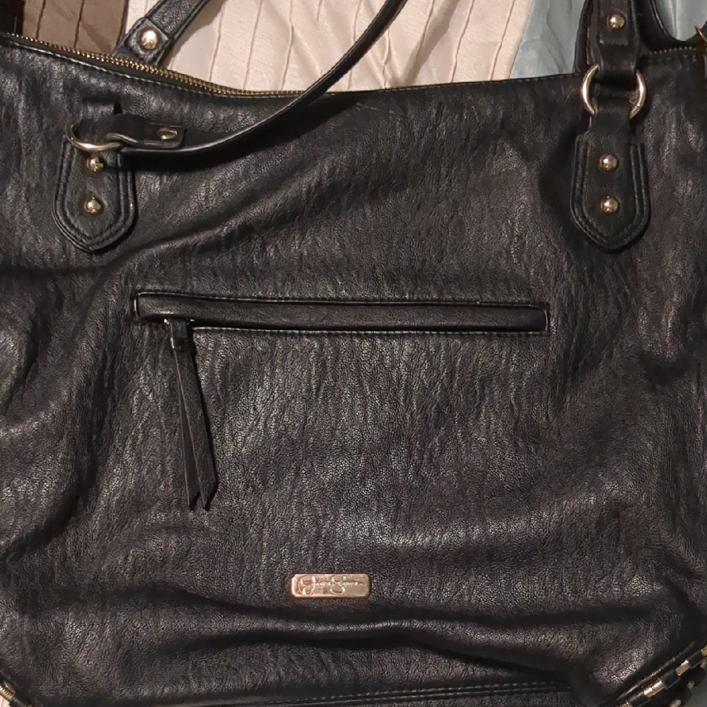 Jessica Simpson Black Leather Tote with Metal Hardware